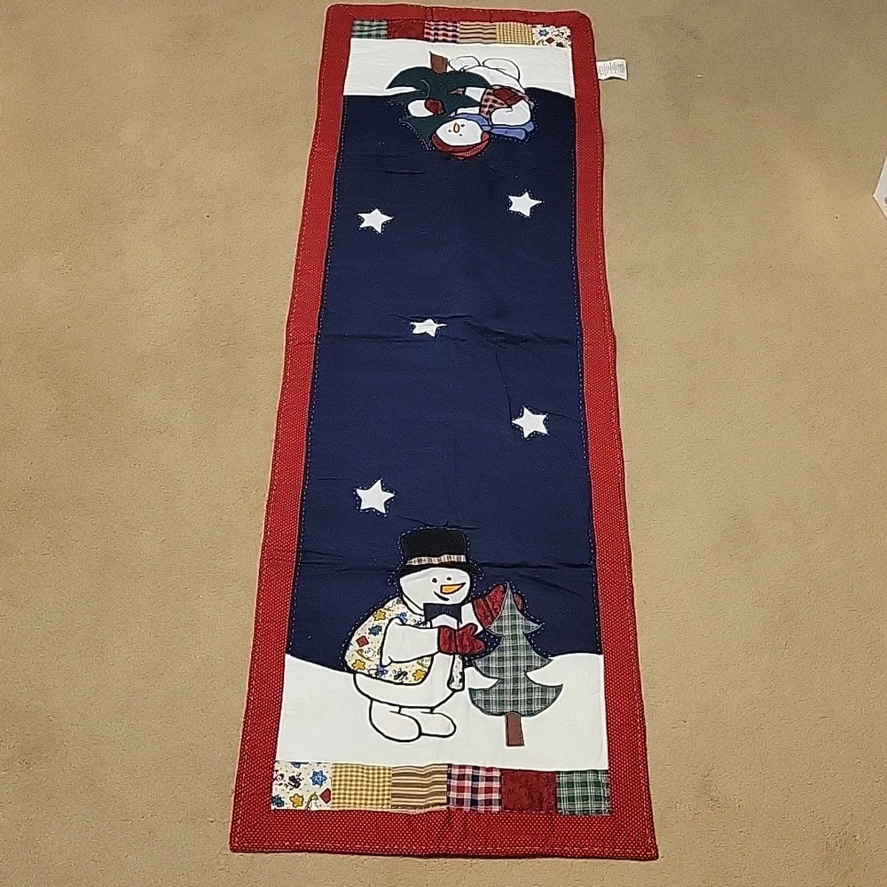 Vintage Snowman Quilted Table Runner Red Blue White